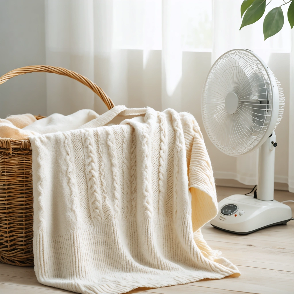 Un pull en laine délicate séchant à plat sur une serviette propre, placé près d'un ventilateur dans un intérieur de maison lumineux et accueillant.