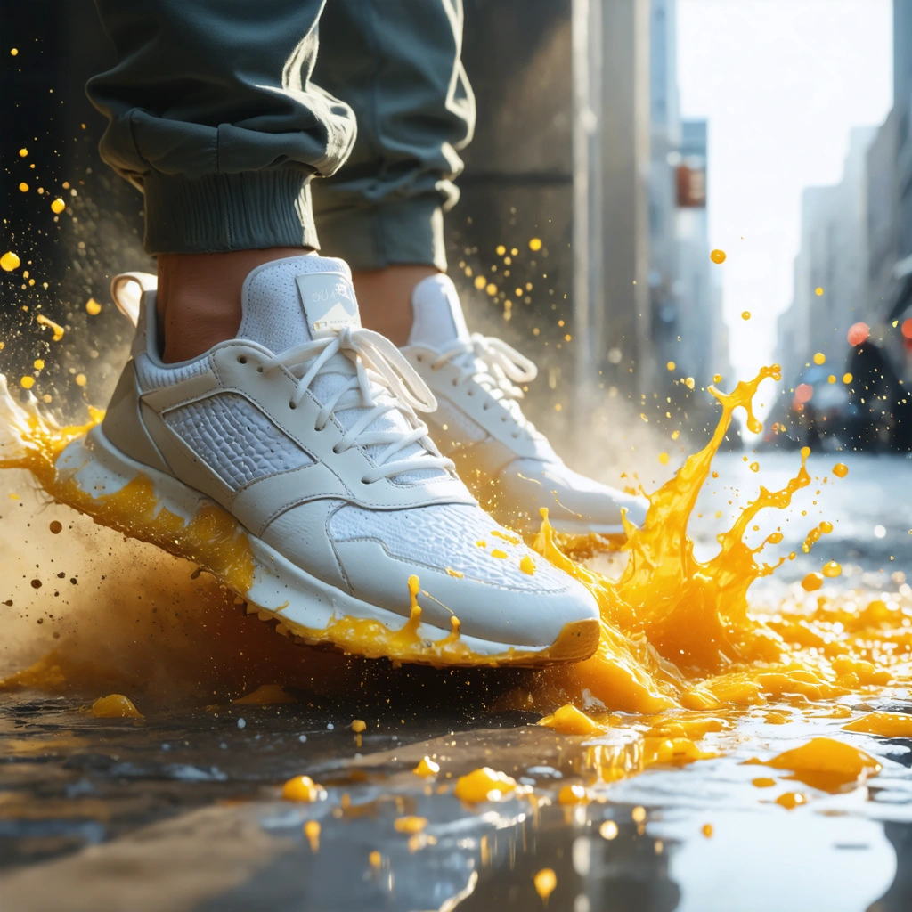 Gros plan sur une paire de baskets blanches dont les semelles en caoutchouc jaunissent, entourées de particules de poussière, des rayons de soleil et des taches de jus d’orange.