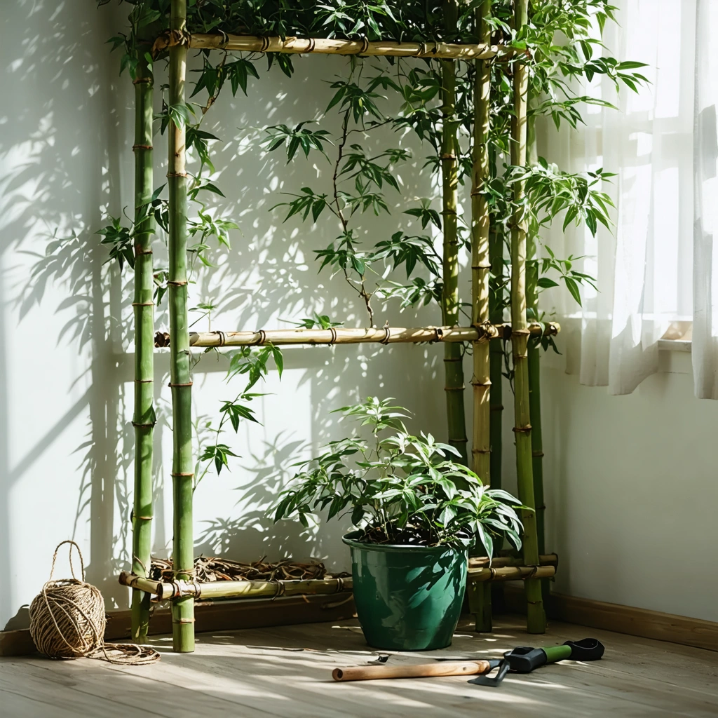 Treillis fait main en bambou soutenant une plante grimpante verte dans un coin cosy et lumineux de salon, avec outils de jardin et ficelle posés à côté.
