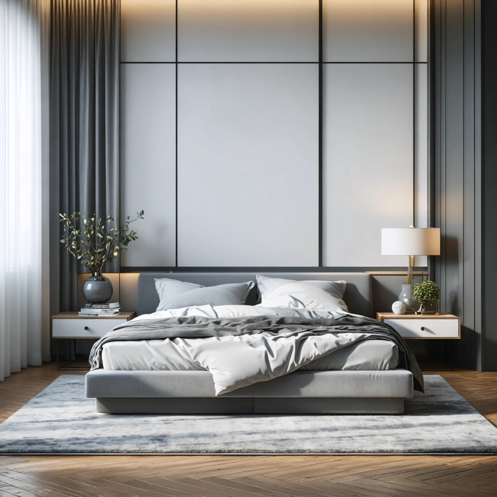Une chambre élégante, lumineuse, avec un tapis de chevet bien proportionné posé à côté d'un lit double et une décoration chaleureuse.