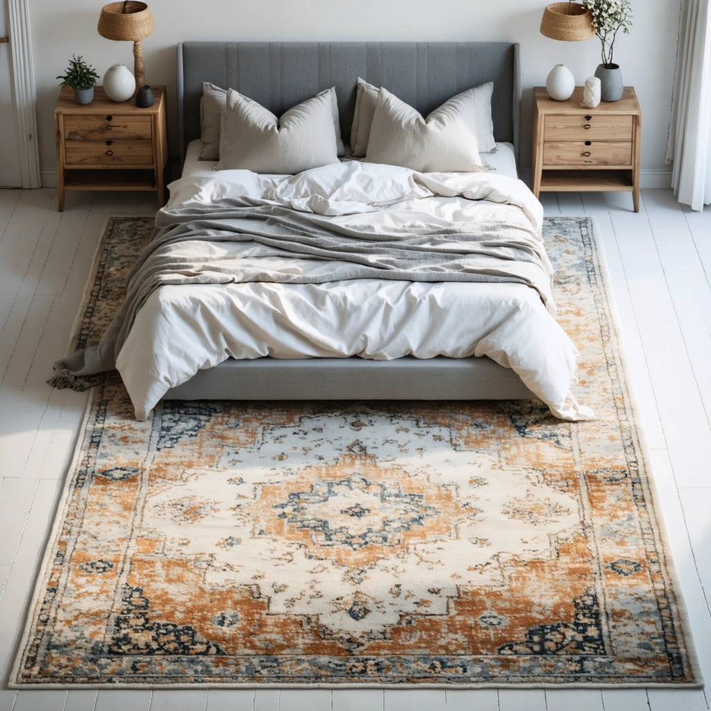 Un lit posé sur un très grand tapis qui dépasse largement de chaque côté dans une chambre, illustrant un tapis trop imposant par rapport à l'espace.