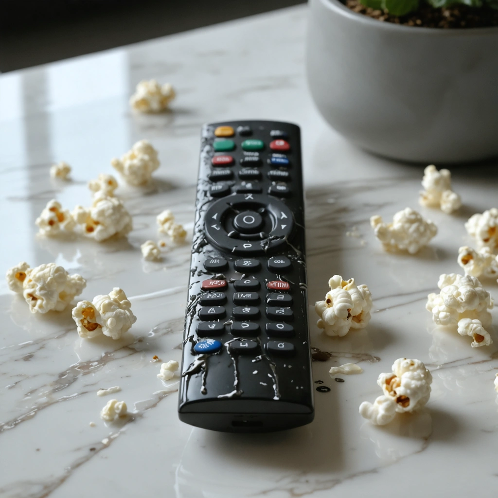 Gros plan sur une télécommande noire recouverte de traces de doigts grasses, posée sur une table avec du pop-corn et des résidus de crème, sous une lumière qui accentue les empreintes.