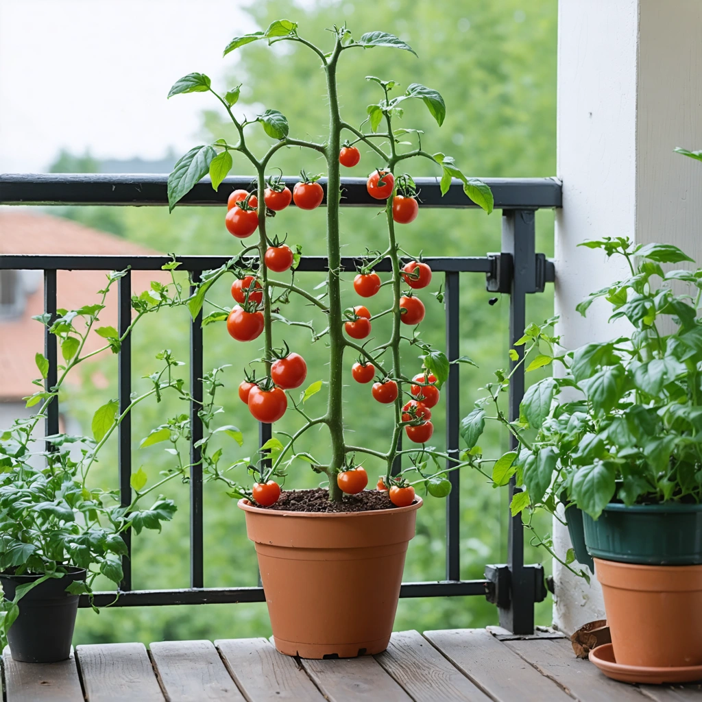 Un plant de tomates cerises en pot sur un balcon, solidement attaché à un tuteur en bois, avec des grappes de fruits rouges et des feuilles luxuriantes.