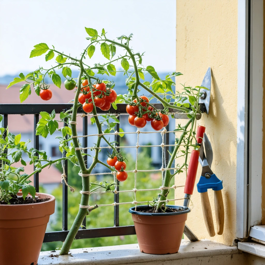 Plant de tomate cerise en pot avec un tuteur ficelle sur un balcon ensoleillé