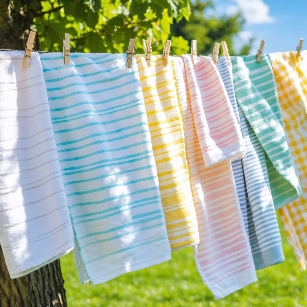 Plusieurs torchons de cuisine de différentes couleurs suspendus à une corde à linge, séchant au soleil dans un jardin pour illustrer leur fraîcheur et propreté.