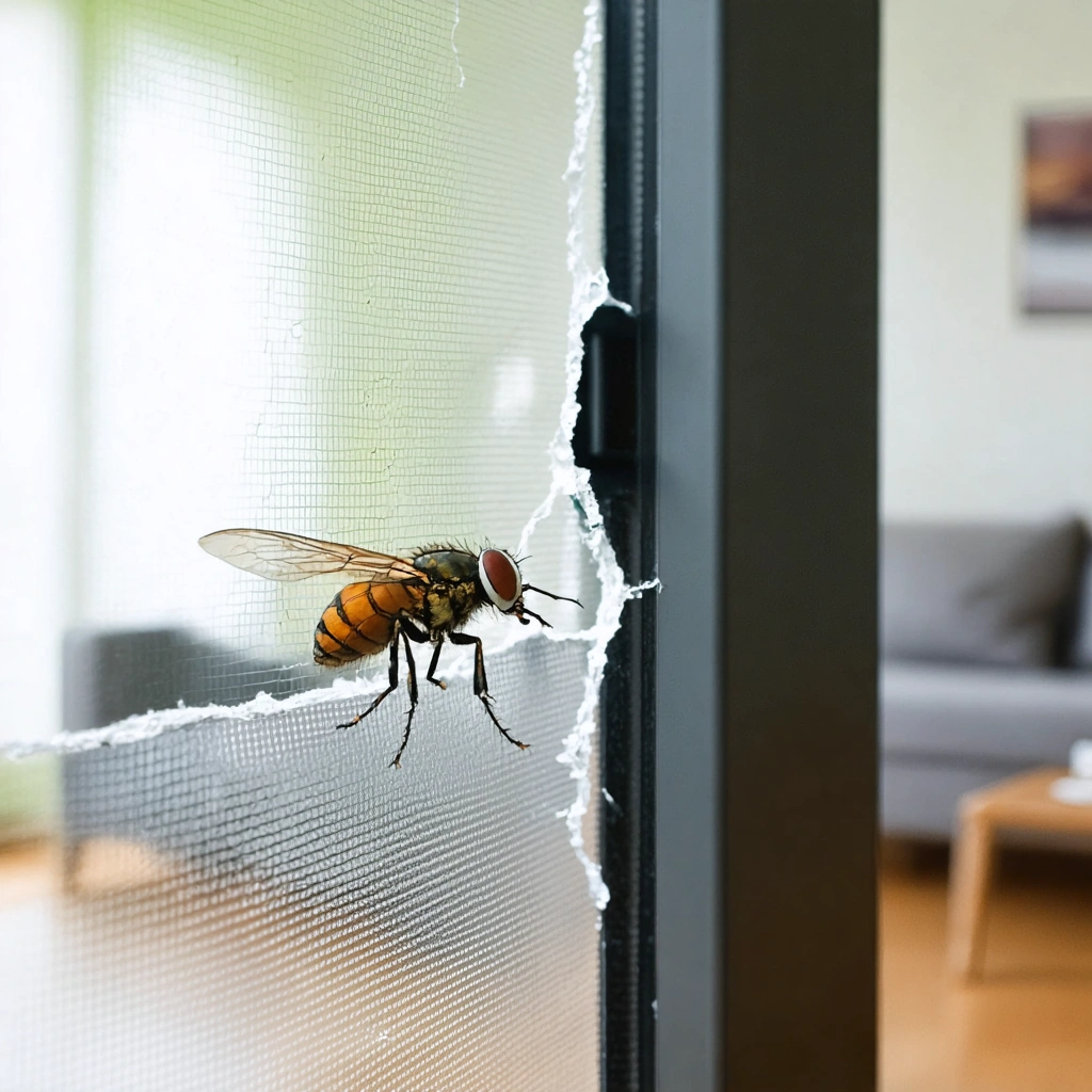 Gros plan d'une moustiquaire endommagée avec une petite déchirure, à travers laquelle une mouche s'apprête à entrer dans une maison lumineuse.