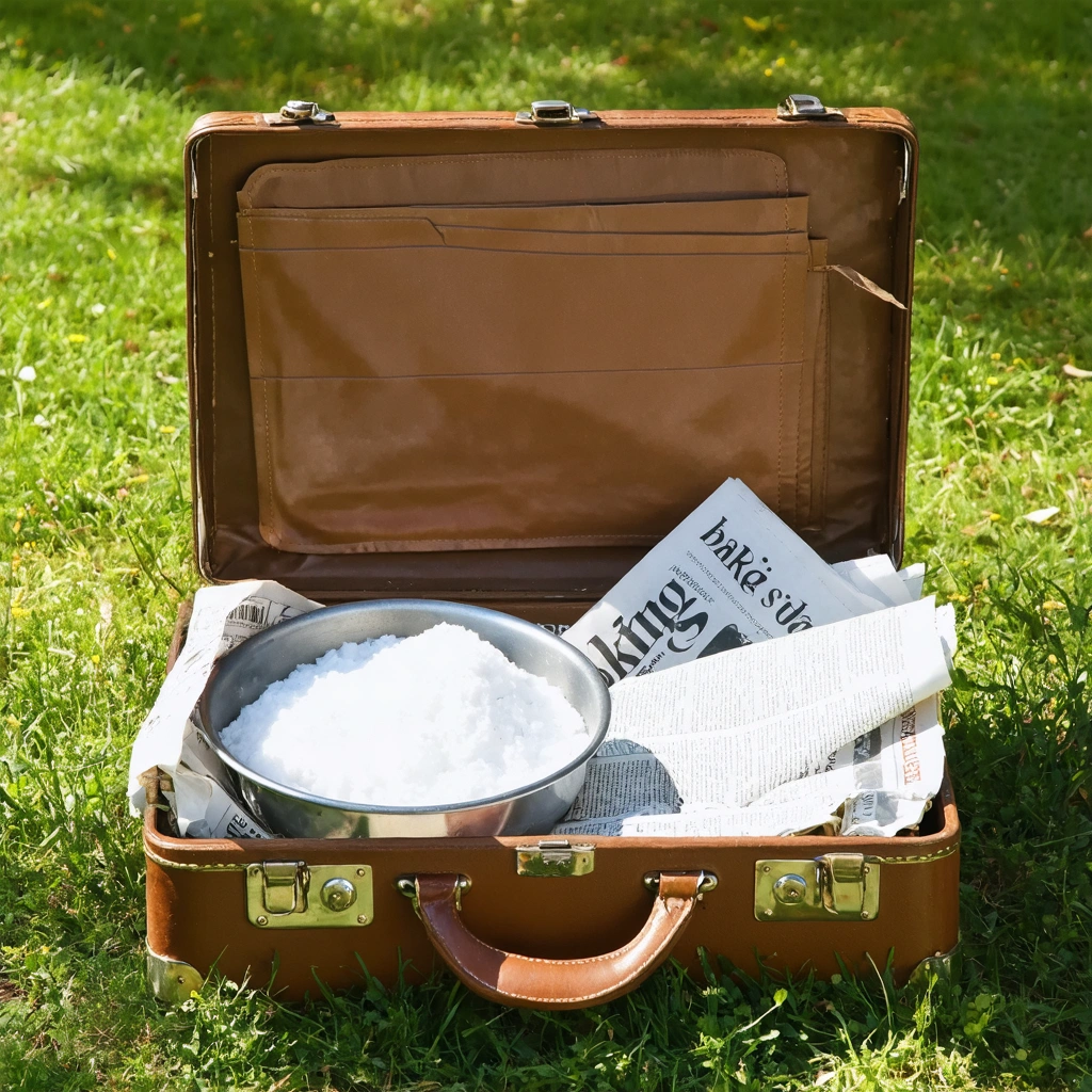 Valise en cuir ouverte posée à l'extérieur, avec des journaux froissés et un bol de bicarbonate à l'intérieur, sous la lumière du soleil.