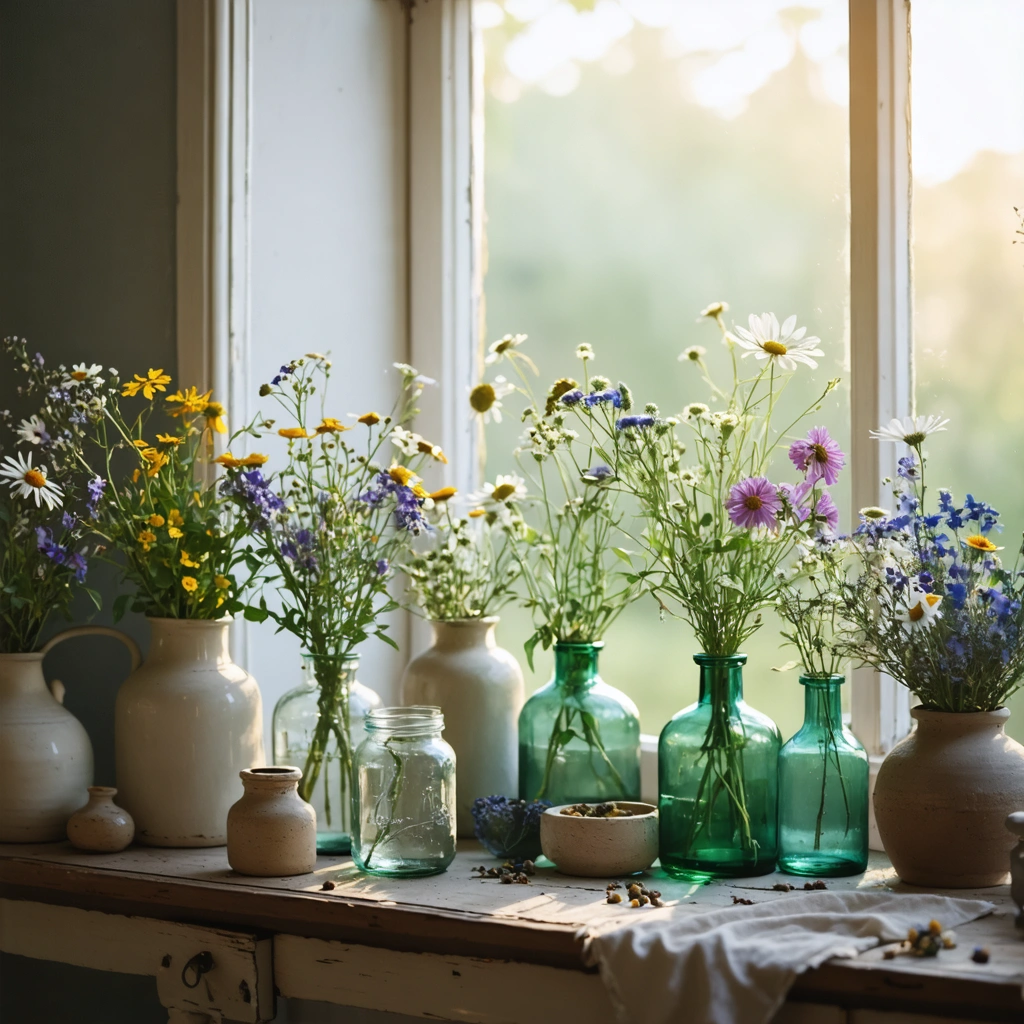 Bouquet de fleurs sauvages disposé dans plusieurs types de vases, transparents et colorés, sur une table de salon ensoleillée, avec différentes formes et matières.