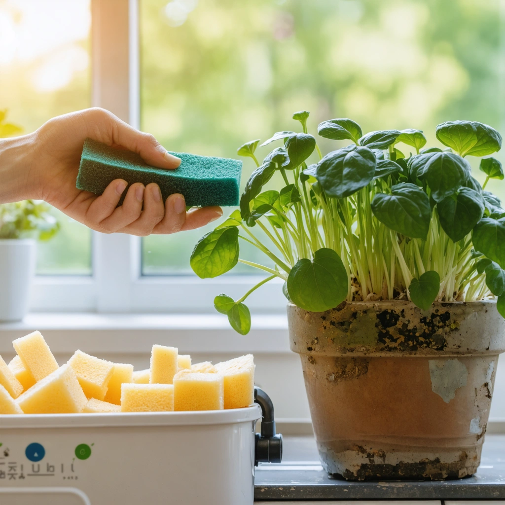 Une main jette une vieille éponge de cuisine dans une poubelle de recyclage, à côté un pot de fleur garni de morceaux d'éponge, illustrant la réutilisation écologique.
