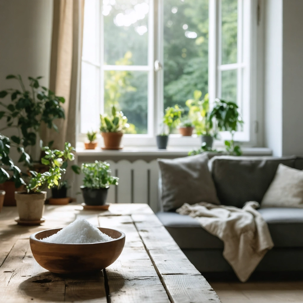 Salon lumineux et sain avec fenetres ouvertes, plantes vertes et ambiance de maison bien aeree