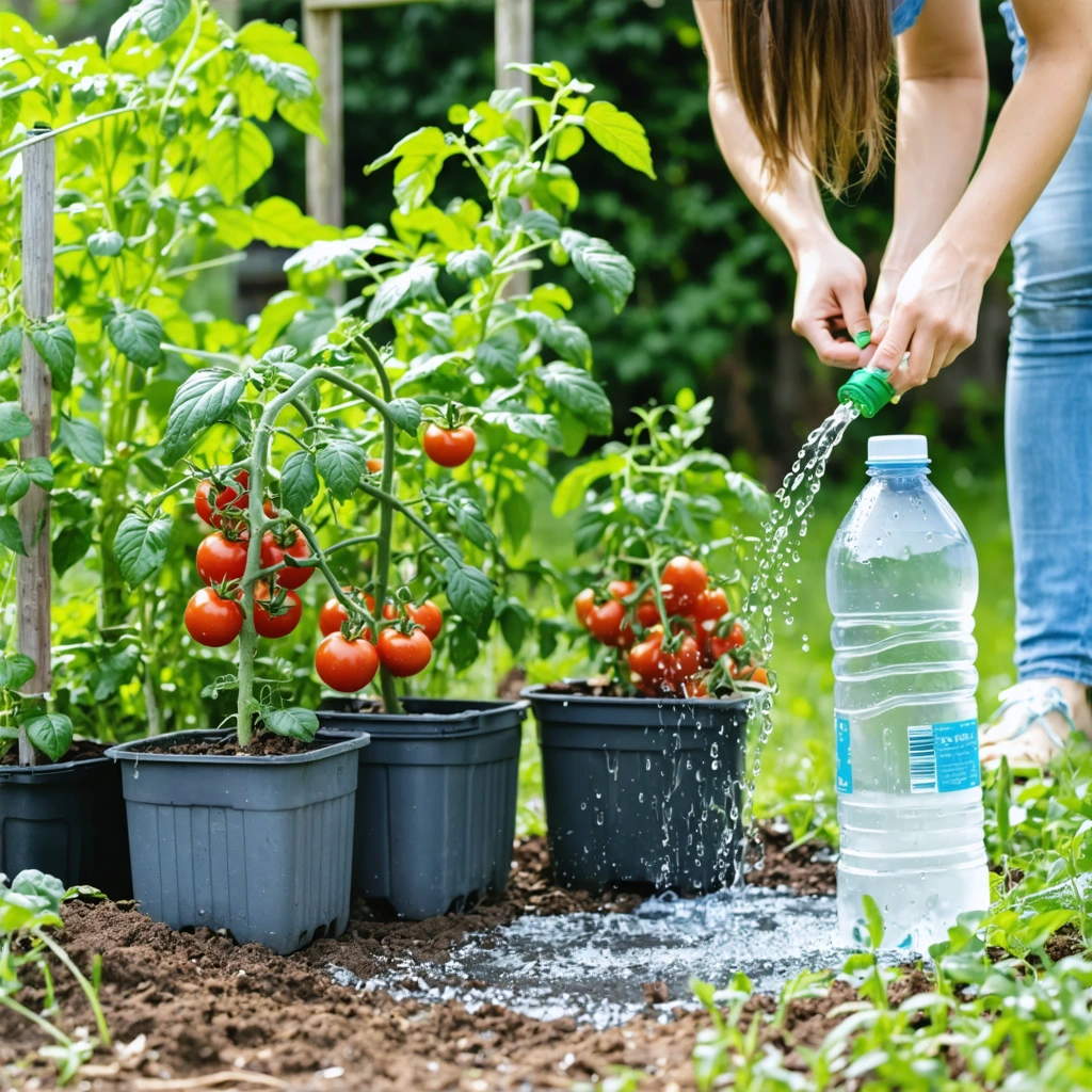 Système d’arrosage automatique goutte à goutte maison avec bouteilles et tuyaux arrosant des plants de tomates et des pots dans un jardin