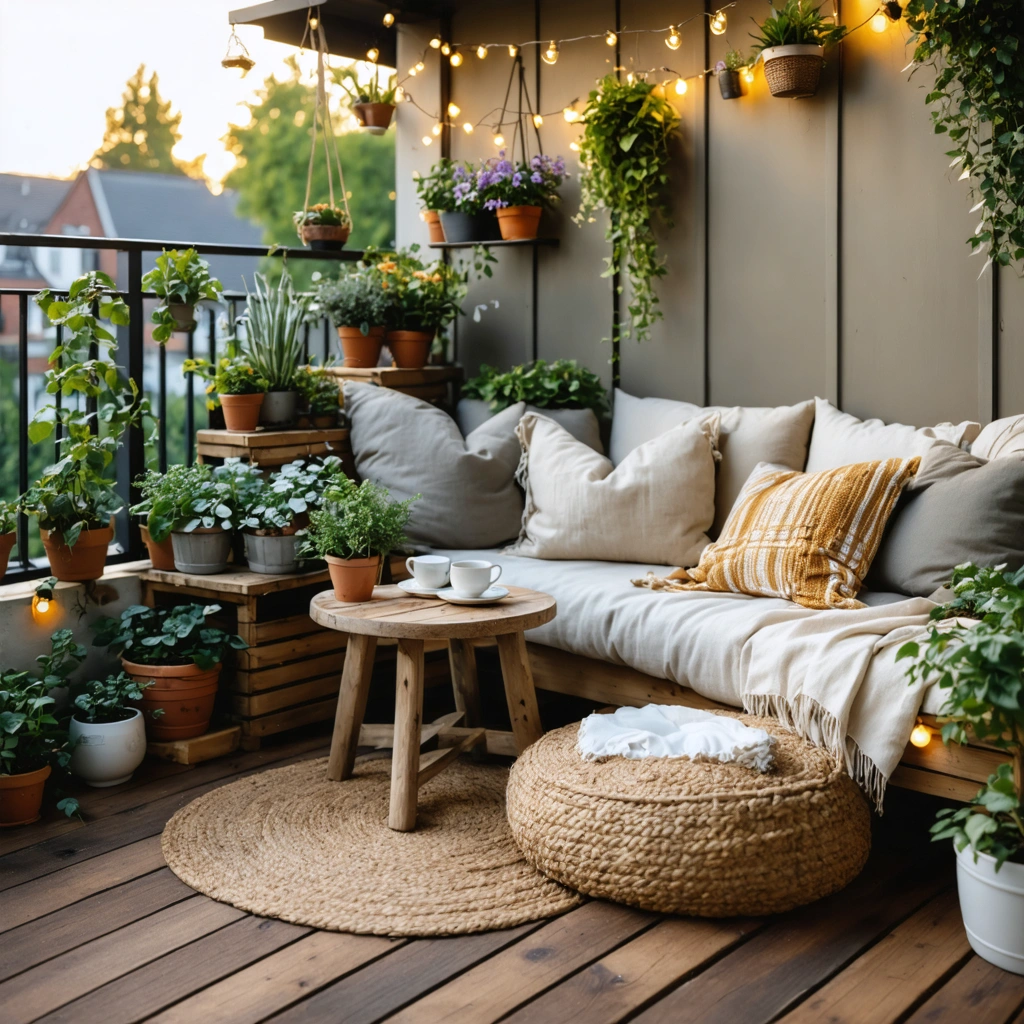 Petit balcon d'appartement aménagé en cocon chaleureux avec banquette, coussins, plantes, guirlande lumineuse et petite table au coucher du soleil