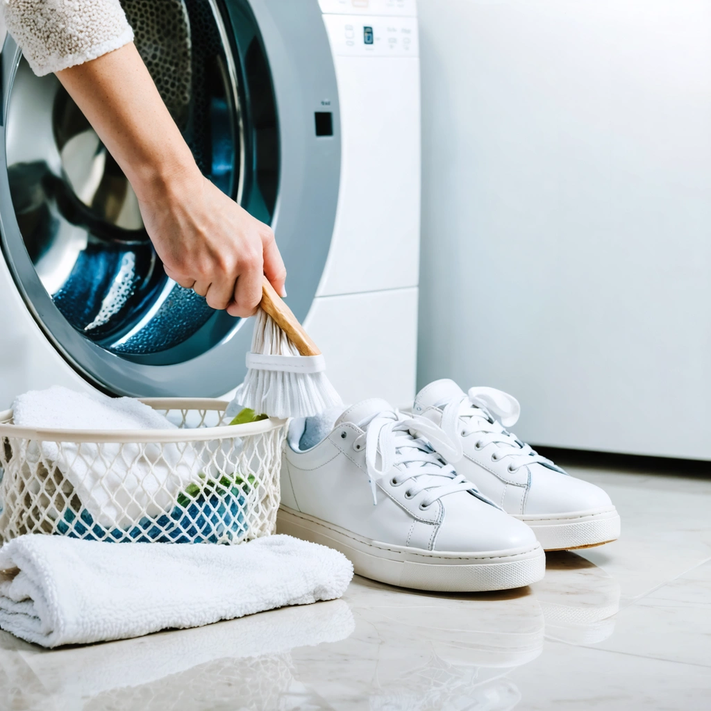Des baskets blanches en tissu près d’une machine a laver, avec un filet de lavage, une brosse douce et des serviettes, dans une buanderie lumineuse.