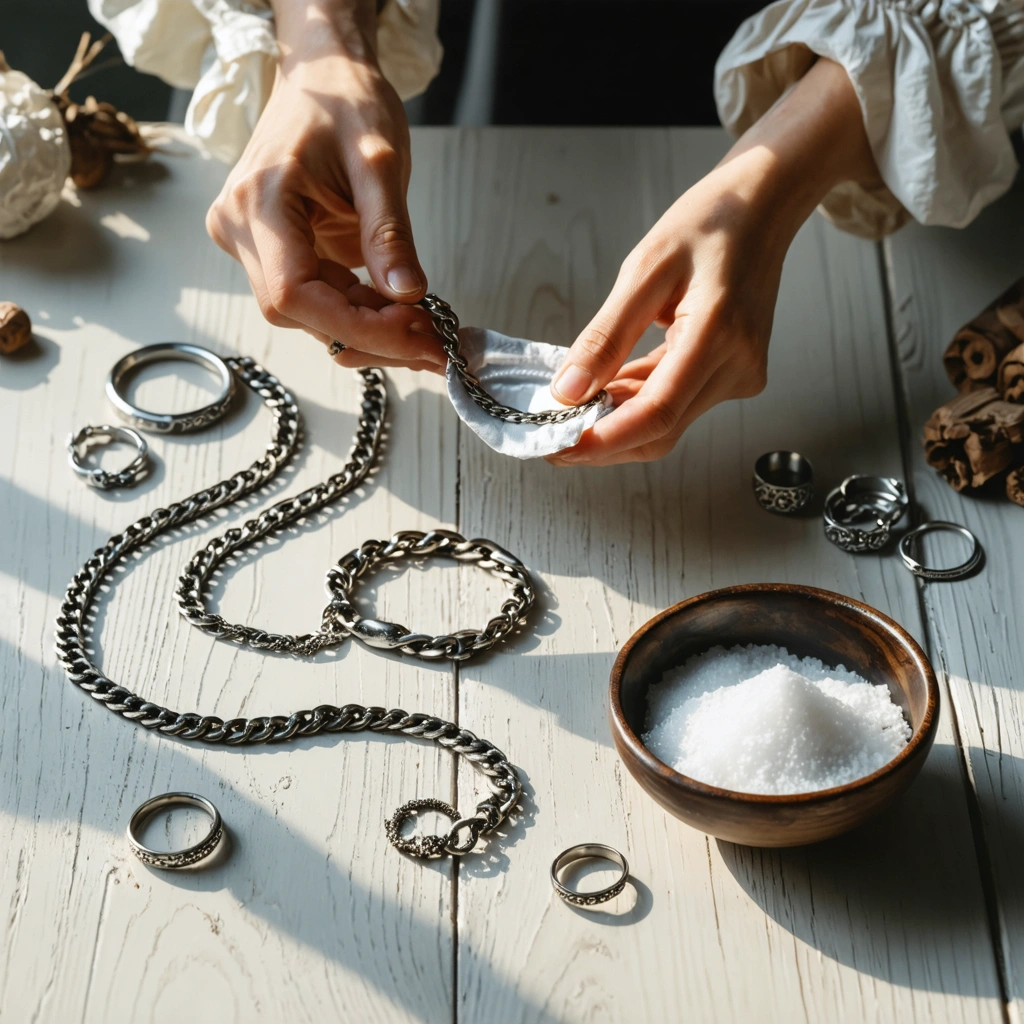 Des mains nettoient des bijoux en argent noircis avec un chiffon doux, à côté d'un bol contenant une solution maison pour leur redonner de l'éclat.