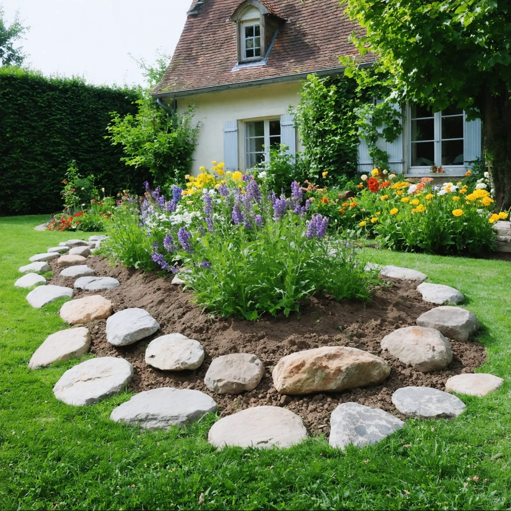 Bordure de jardin en pierres naturelles en cours d'installation autour d'un massif fleuri avec pelouse et outils de jardinage