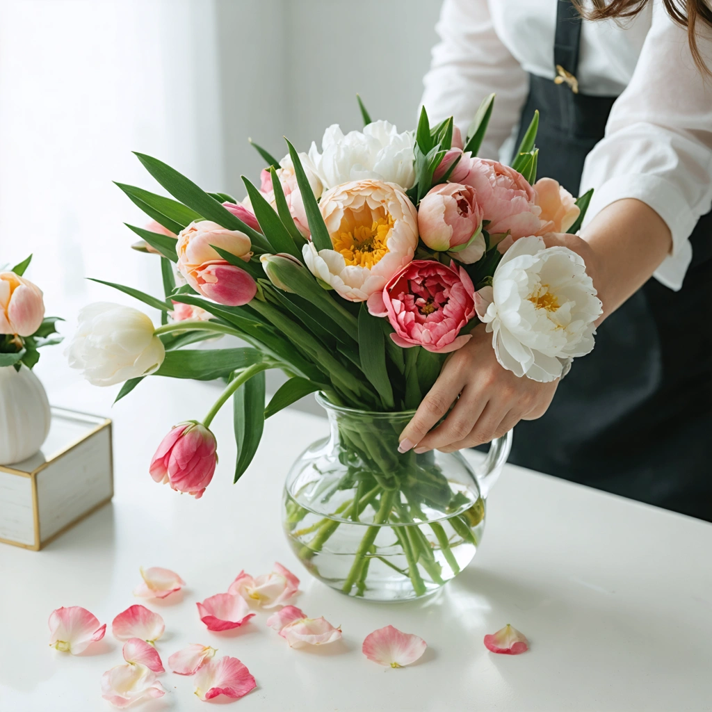 Un bouquet de fleurs fraîches dans un vase en verre sur une table lumineuse, avec des tiges coupées et une mise en scène réaliste d’entretien des fleurs.