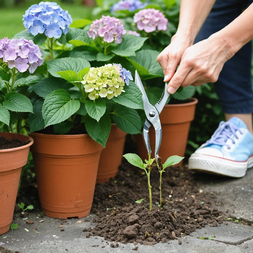 Une jardiniere prepare une bouture d’hortensia a partir d’une tige coupee, avec des pots de terreau et des fleurs d’hortensia en arriere-plan dans un jardin.