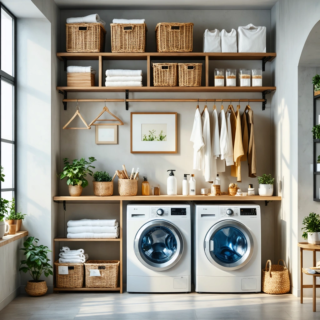 Une buanderie moderne, bien organisée et lumineuse avec machine à laver, rangements muraux, paniers et plan de travail pour plier le linge