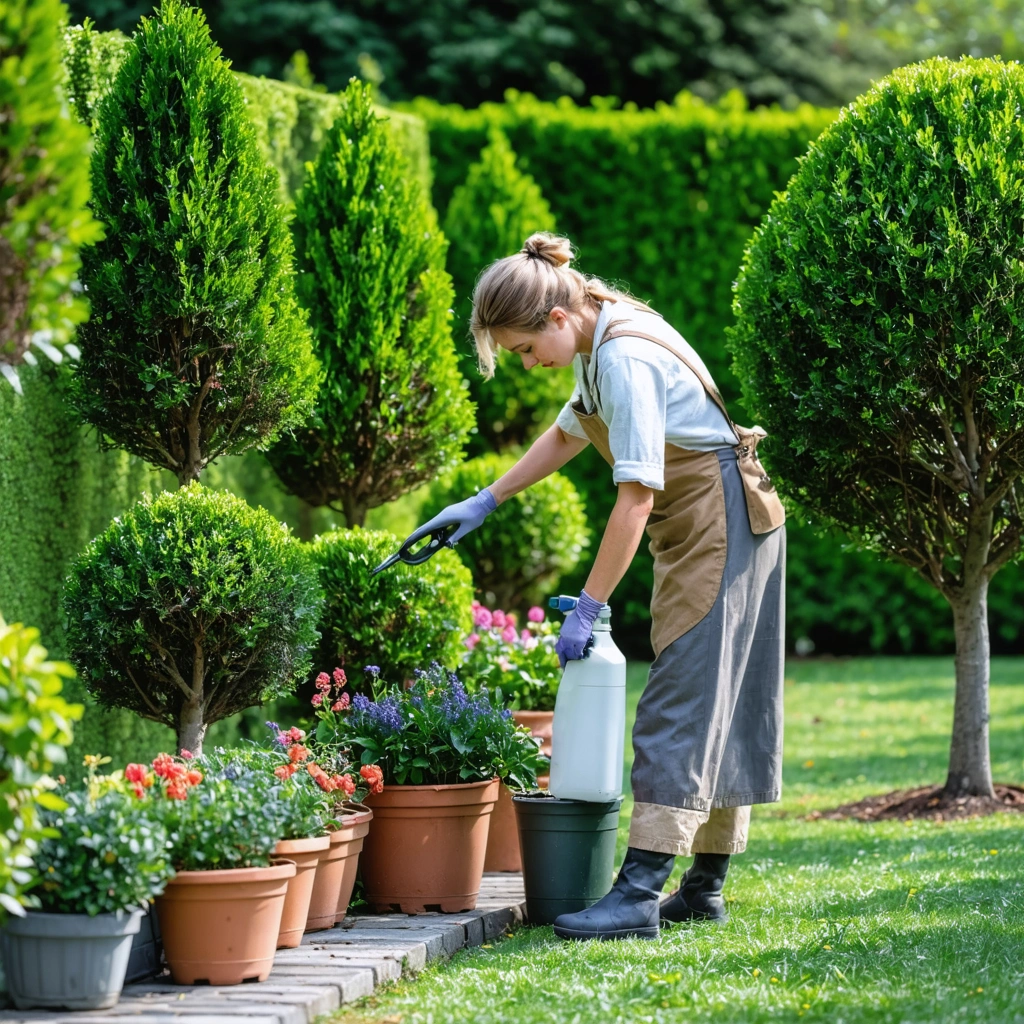 Une jardiniere inspecte et traite naturellement des buis malades dans un jardin, avec des feuilles abimees et du materiel de taille