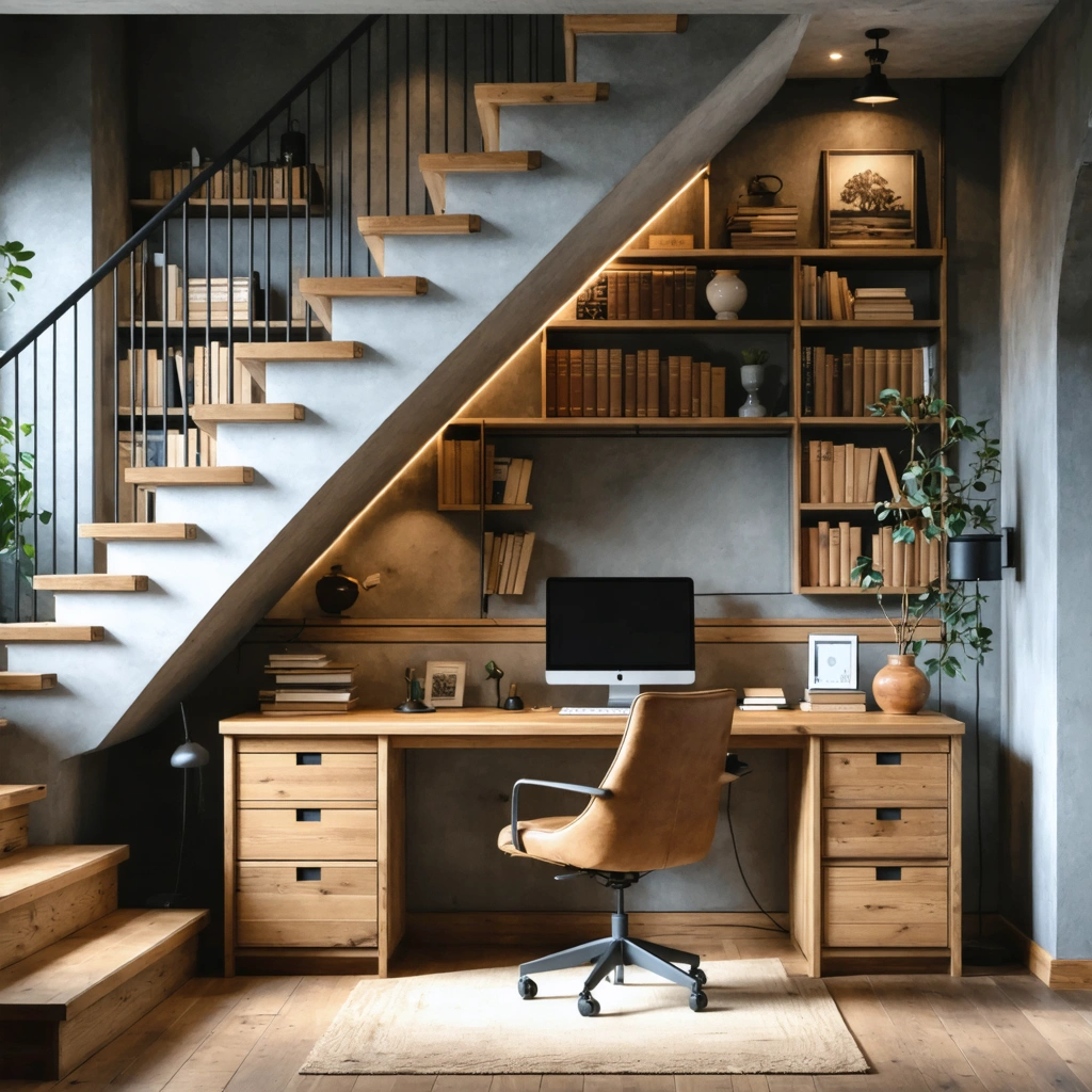 Coin bureau amenage sous un escalier avec plateau en bois, rangements integres, chaise confortable et eclairage chaleureux dans un interieur elegant