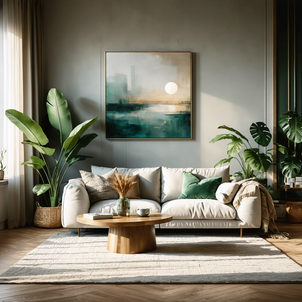 Salon d’un appartement neuf décoré avec des matières chaleureuses, des meubles mêlant ancien et moderne, des plantes, un tapis et un éclairage doux pour créer du cachet