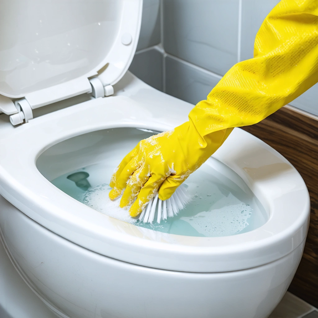 Une personne avec des gants nettoie le fond d'une cuvette de toilettes pour enlever le calcaire incruste dans une salle de bain lumineuse.