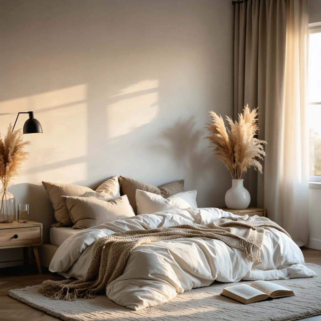 Une chambre d'amis cocooning avec linge de lit beige et blanc, éclairage doux, tapis moelleux et décoration chaleureuse.