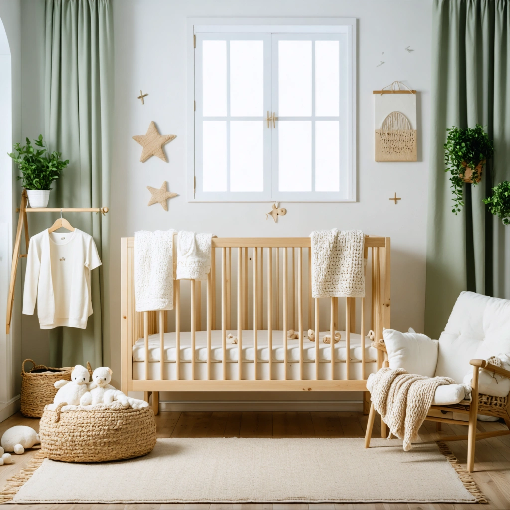 Chambre de bebe mixte chaleureuse avec lit en bois clair, fauteuil confortable, textiles doux, paniers en osier et couleurs beige et vert sauge