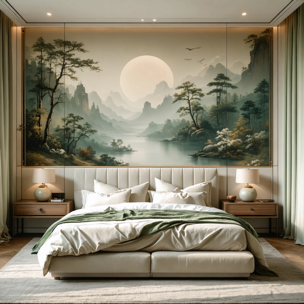 Chambre adulte elegante avec un papier peint panoramique derriere le lit, dans des tons doux et une ambiance cocooning