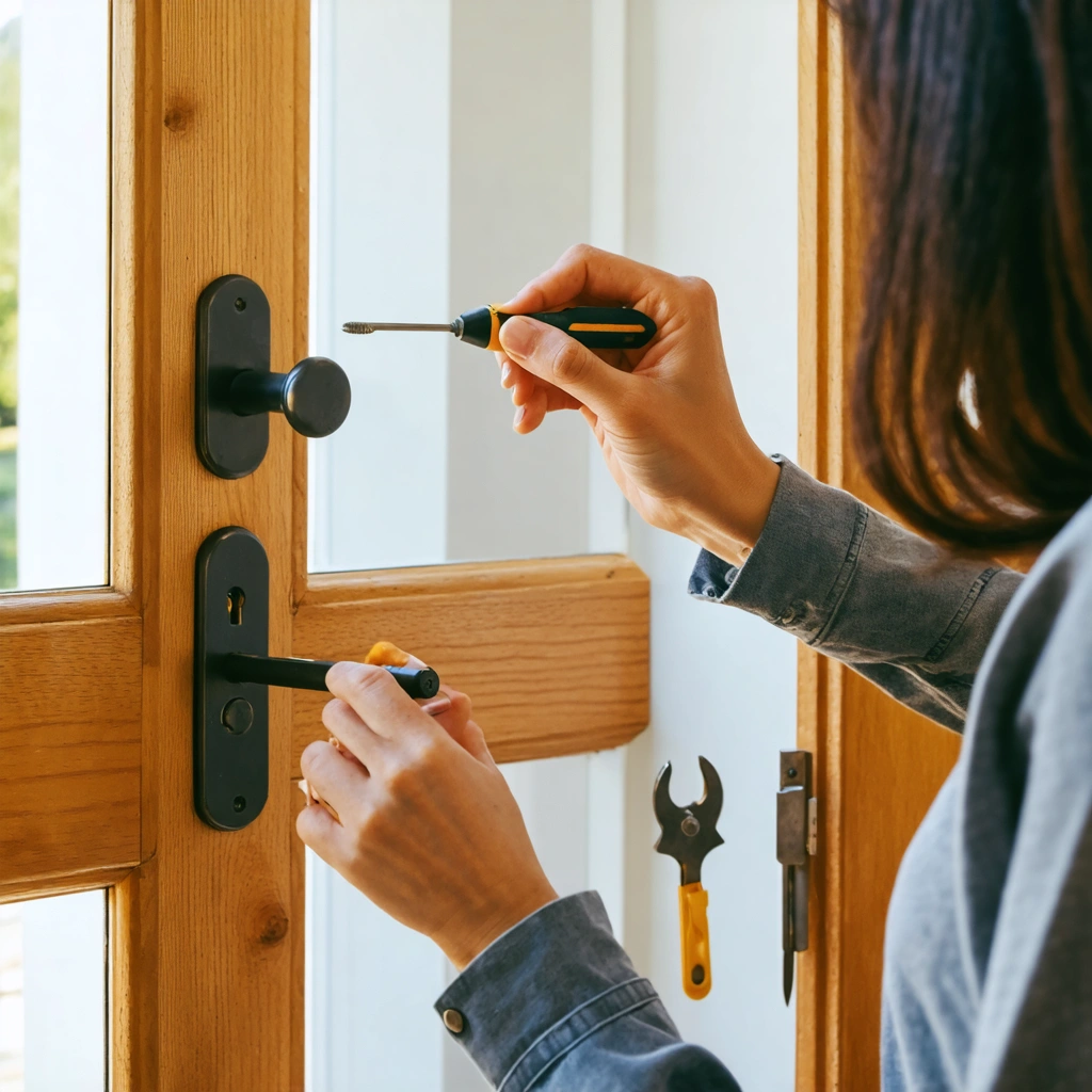Une femme en train de remplacer la serrure d’une porte d’entrée ouverte avec un tournevis, dans une entrée de maison lumineuse.