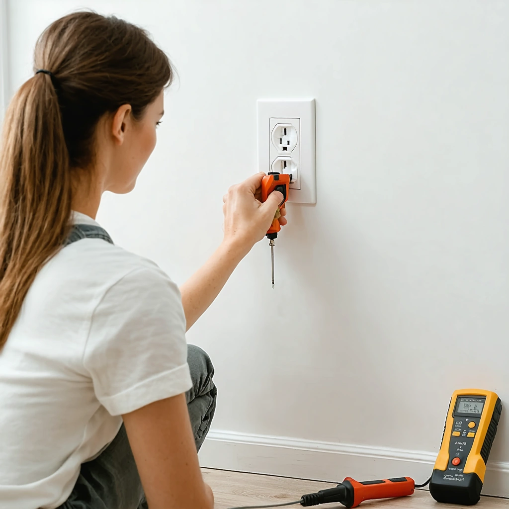 Une femme remplace en sécurité une prise electrique encastree dans un mur avec un tournevis isole et un testeur de tension a proximite.