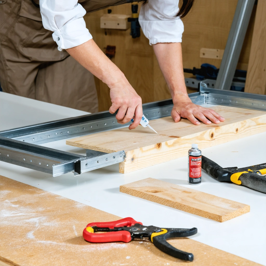 Plan rapproché d’un collage entre une planche de bois et une structure métallique dans un atelier de bricolage, avec colle, serre-joints et outils posés sur l’établi.