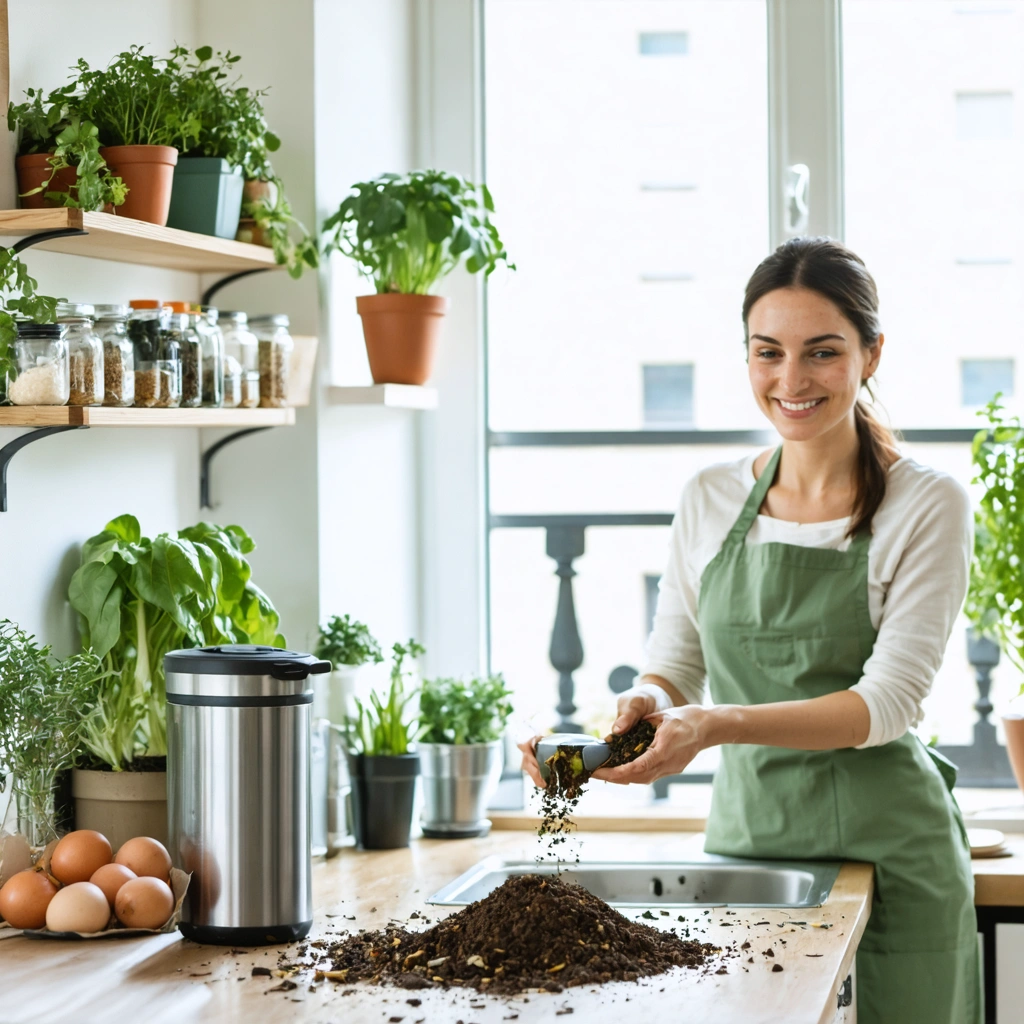 Une cuisine d'appartement lumineuse avec un petit composteur d'interieur, des epluchures de legumes, du marc de cafe et des plantes en pots a proximite.