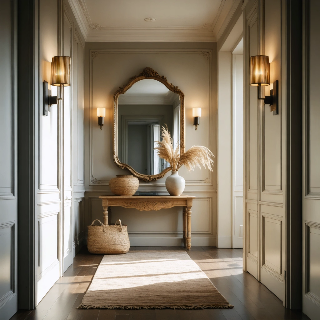 Couloir long et sombre transformé avec murs clairs, miroir, tapis, appliques murales et décoration chaleureuse
