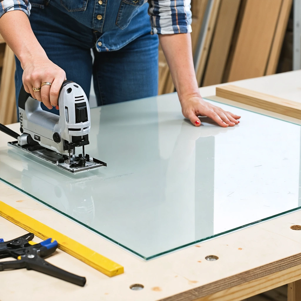 Une femme dans un atelier découpe soigneusement une plaque de plexiglas avec une scie sauteuse sur un établi stable, la plaque étant maintenue par des serre-joints.
