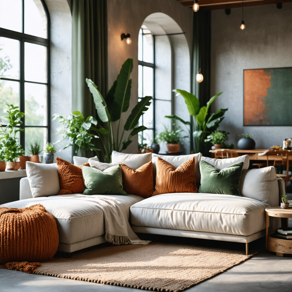 Canape beige dans un salon lumineux avec plusieurs coussins decoratifs aux tons naturels, verts et terracotta pour une ambiance chaleureuse et elegante