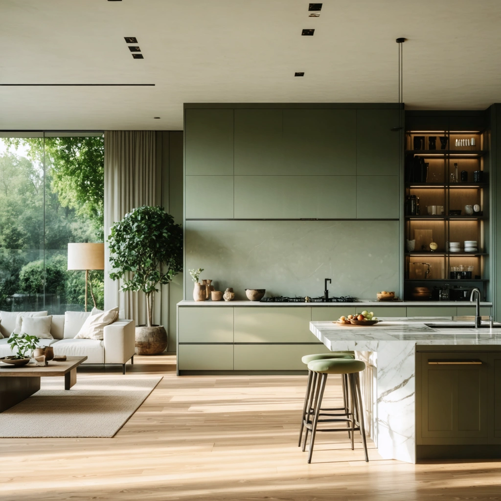 Cuisine ouverte sur un salon avec une palette de couleurs harmonieuse, des meubles clairs, du bois et une ambiance chaleureuse et contemporaine.