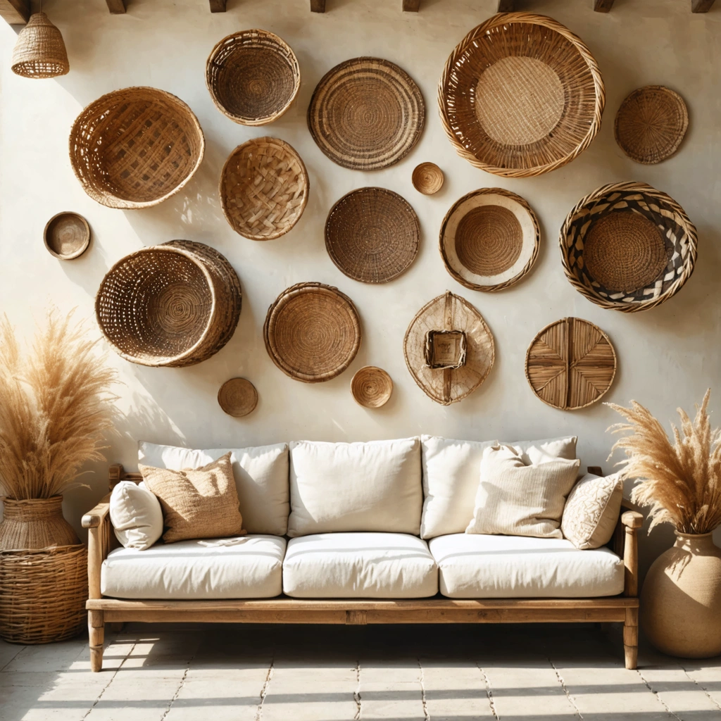 Mur de salon decore avec plusieurs paniers en osier tresses de tailles variees au-dessus d un canape clair dans une ambiance chaleureuse et naturelle