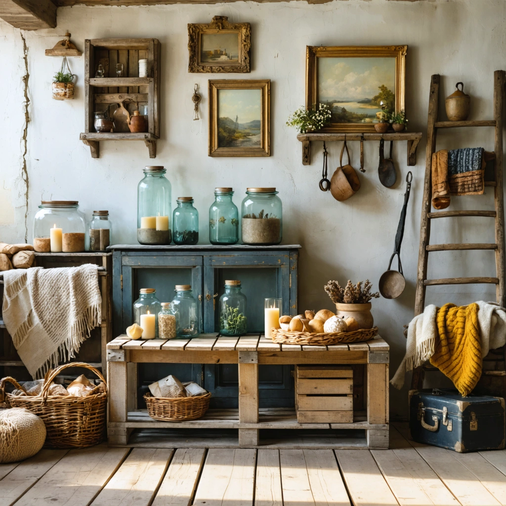 Intérieur de maison chaleureux décoré avec des objets de récupération comme des caisses en bois, une vieille échelle, des bocaux en verre, une palette transformée en table basse et des cadres anciens.