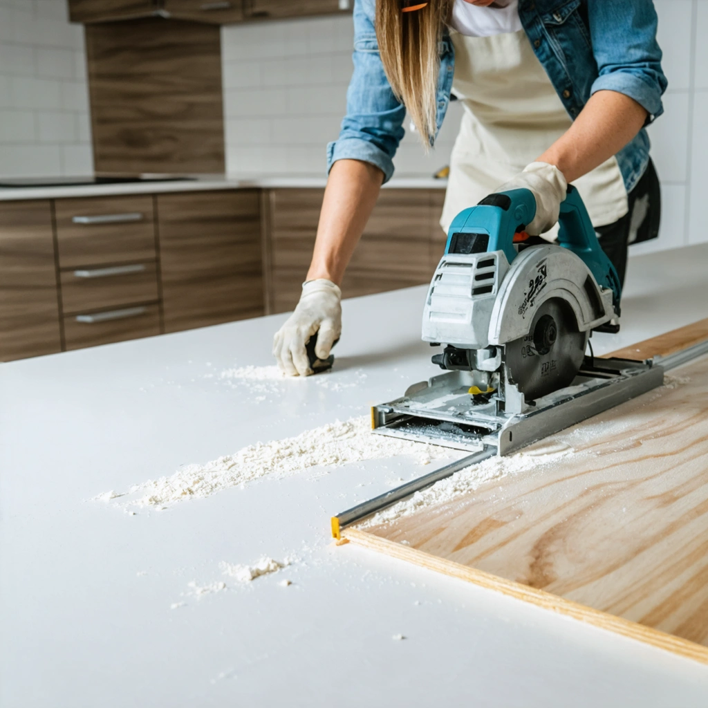 Une femme découpe avec précision un plan de travail de cuisine stratifié à l’aide d’une scie circulaire guidée, avec du ruban de masquage pour éviter les éclats.