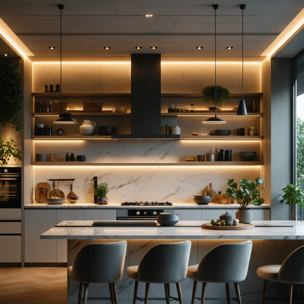 Cuisine moderne avec eclairage chaleureux et fonctionnel, spots au plafond, LED sous meubles et suspensions au-dessus d'un ilot central