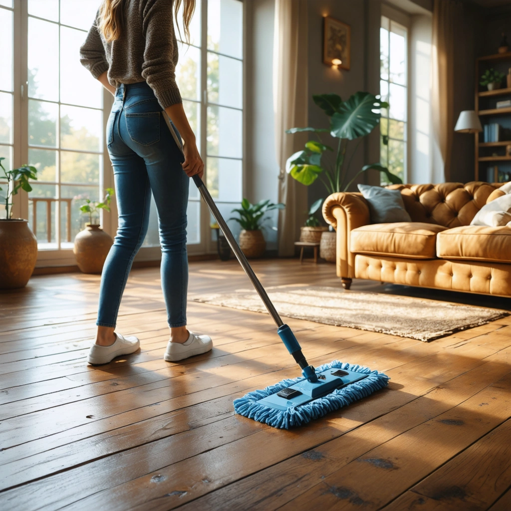 Une femme entretient délicatement un parquet massif huile dans un salon lumineux avec une serpilliere microfibre.