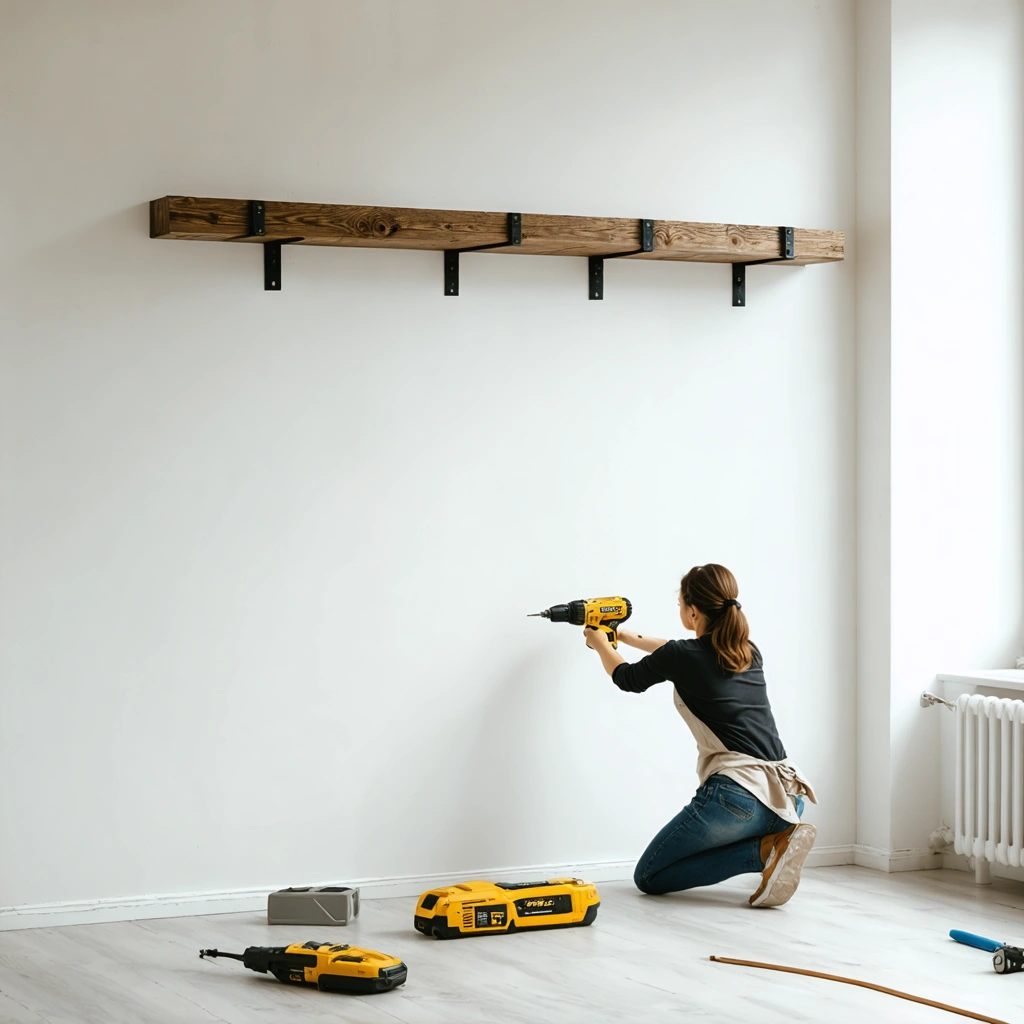 Une femme installe une etagere murale en bois a fixation invisible sur un mur clair avec un niveau et une perceuse dans un interieur moderne.