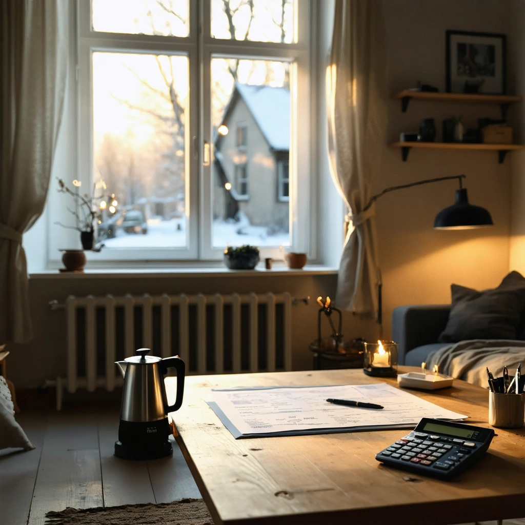 Intérieur chaleureux d’une maison en hiver avec thermostat réglé, radiateur, rideaux fermés et facture d’électricité posée sur une table