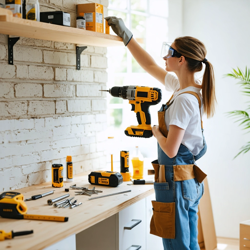 Une femme bricoleuse fixe une charge lourde sur un mur creux avec des chevilles adaptées, une perceuse et des outils de mesure dans un intérieur de maison.