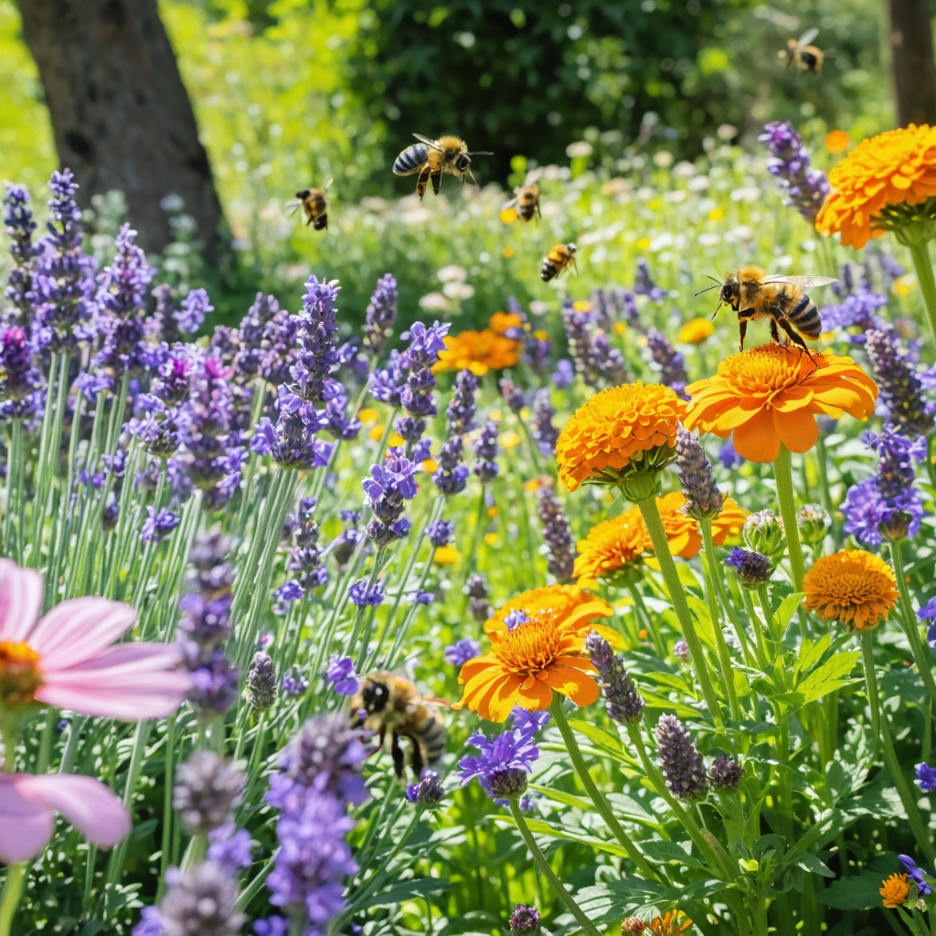 Massif de fleurs melliferes dans un jardin ensoleille avec plusieurs abeilles en train de butiner la lavande, les cosmos et les echinacees