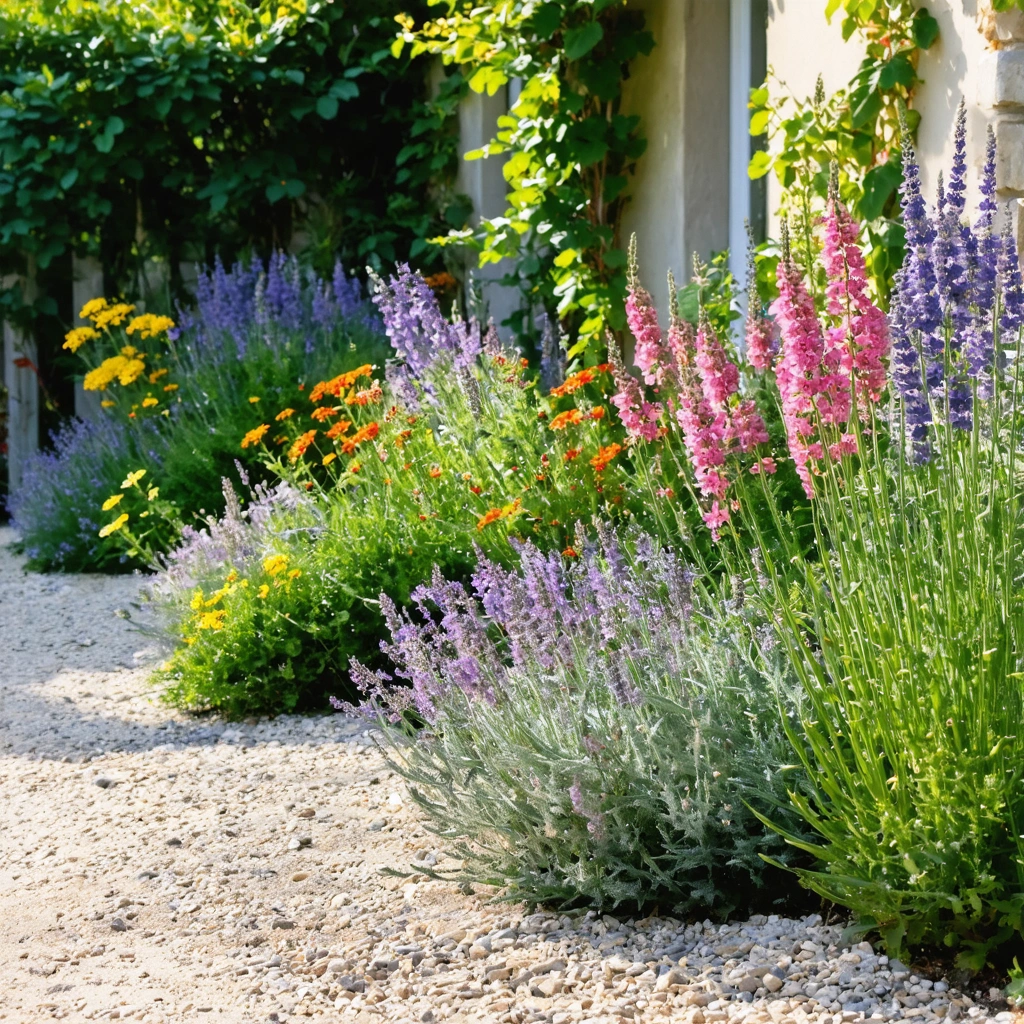 Massif de fleurs résistantes à la sécheresse en plein soleil avec lavande, gaura, sauge et sedum dans un jardin lumineux et sec