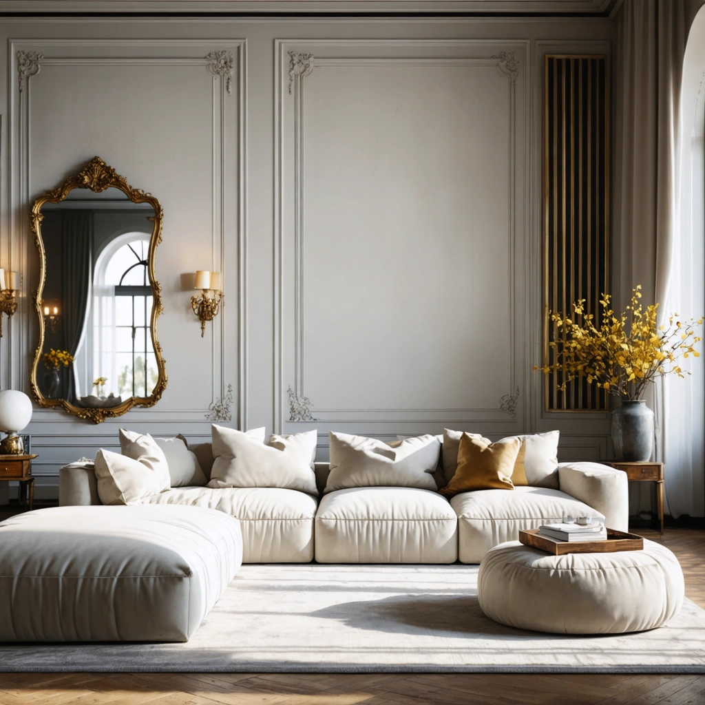 Grand mur de salon élégamment décoré avec cadres, miroir et éléments en bois dans une ambiance chaleureuse et contemporaine