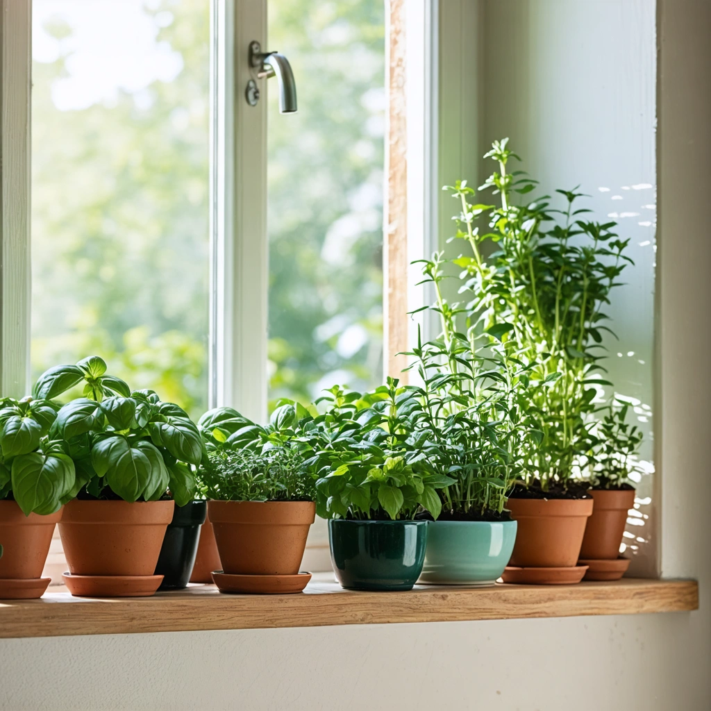 Plusieurs herbes aromatiques en pots, dont basilic, menthe, persil et ciboulette, poussent sur le rebord ensoleille d'une fenetre de cuisine.