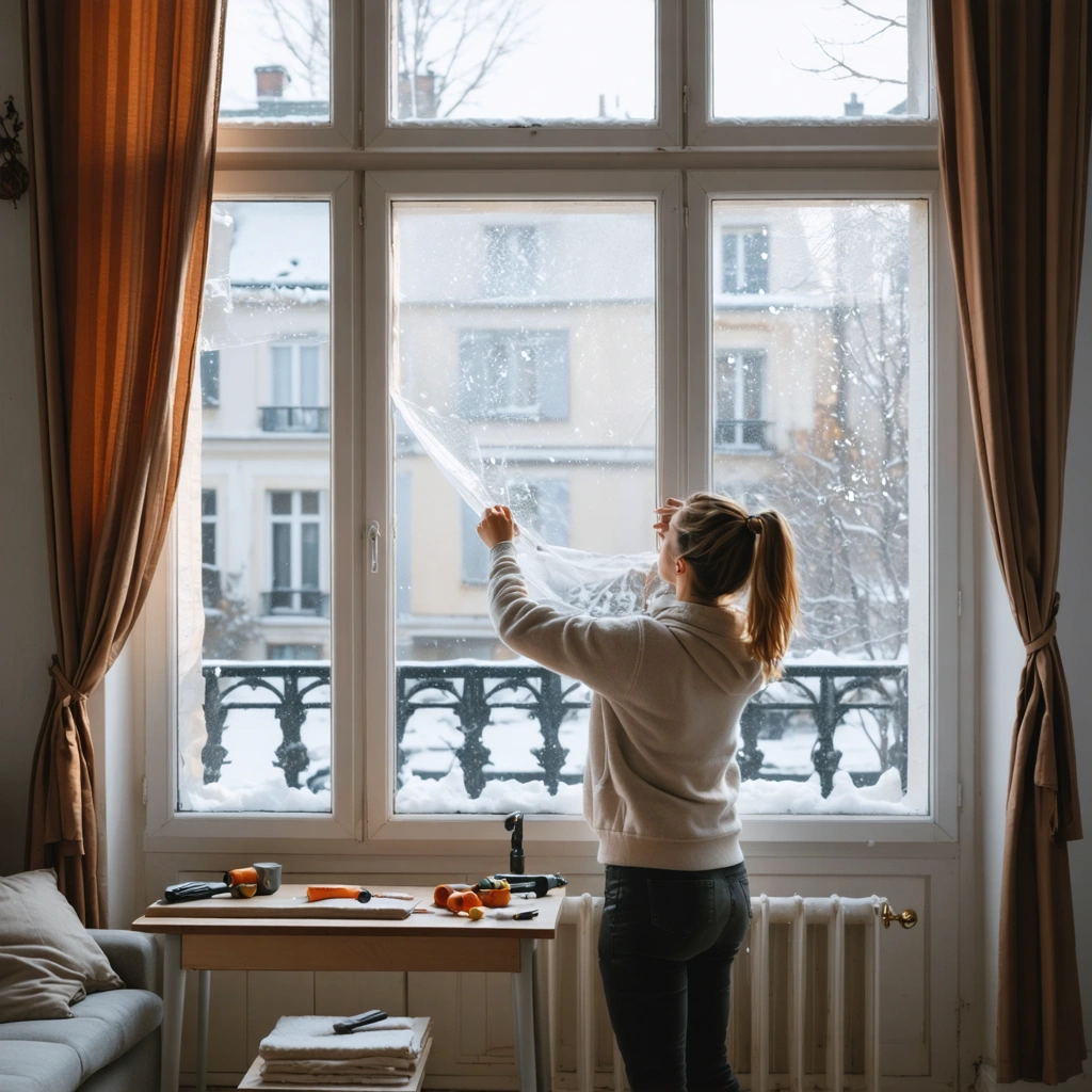 Une femme améliore l'isolation de fenêtres contre le froid dans un intérieur chaleureux avec rideaux épais, film isolant et boudin de porte.